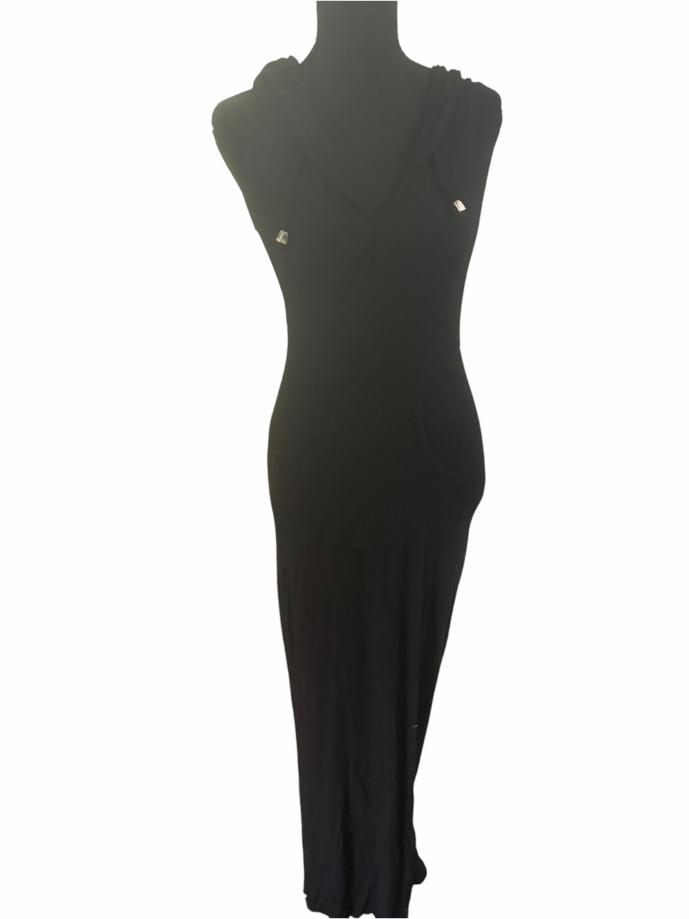 Sleeveless Hooded Black Maxi Dress with Front Pockets
